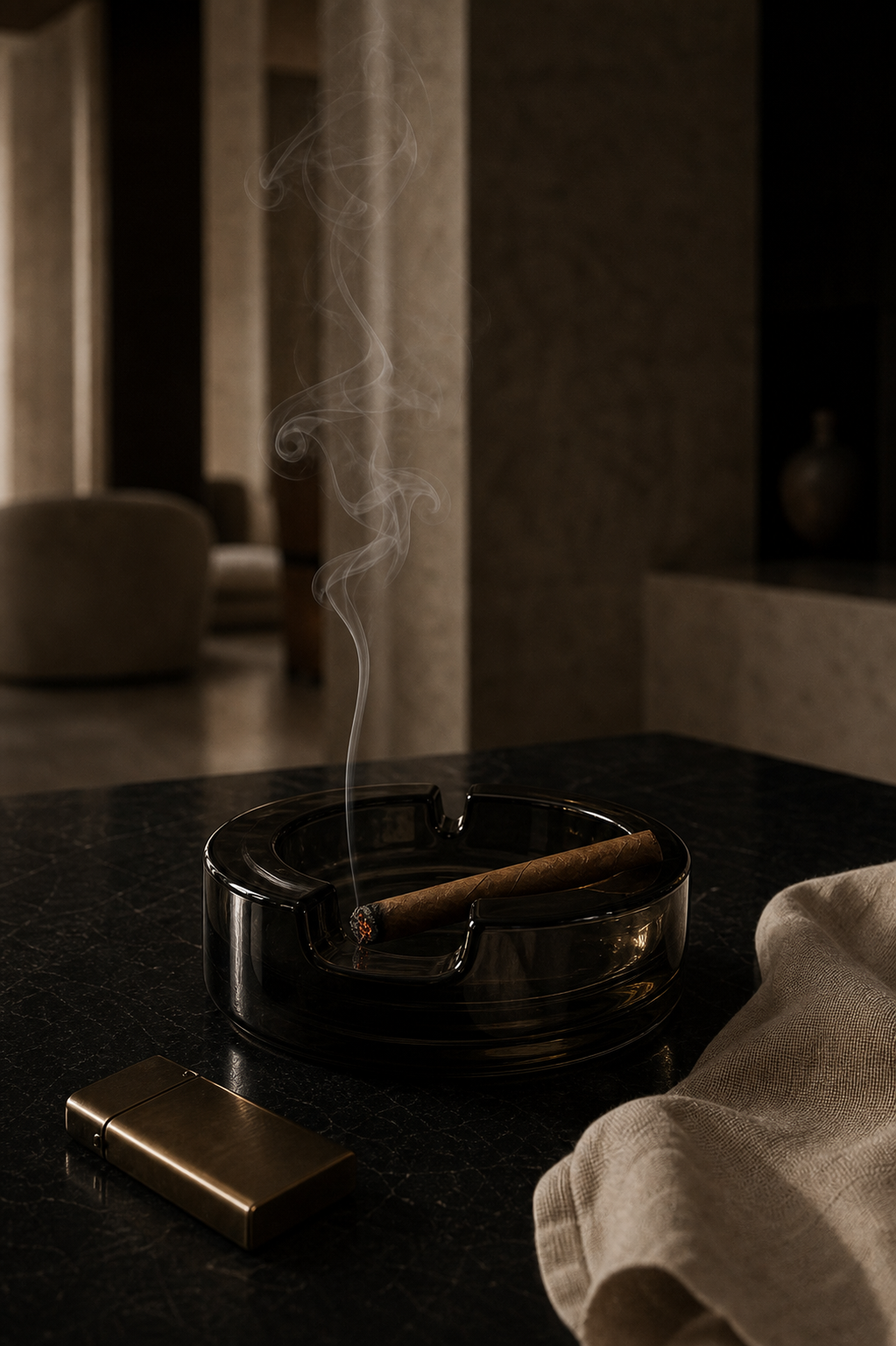 A burning cannabis blunt resting in a smoked-glass ashtray