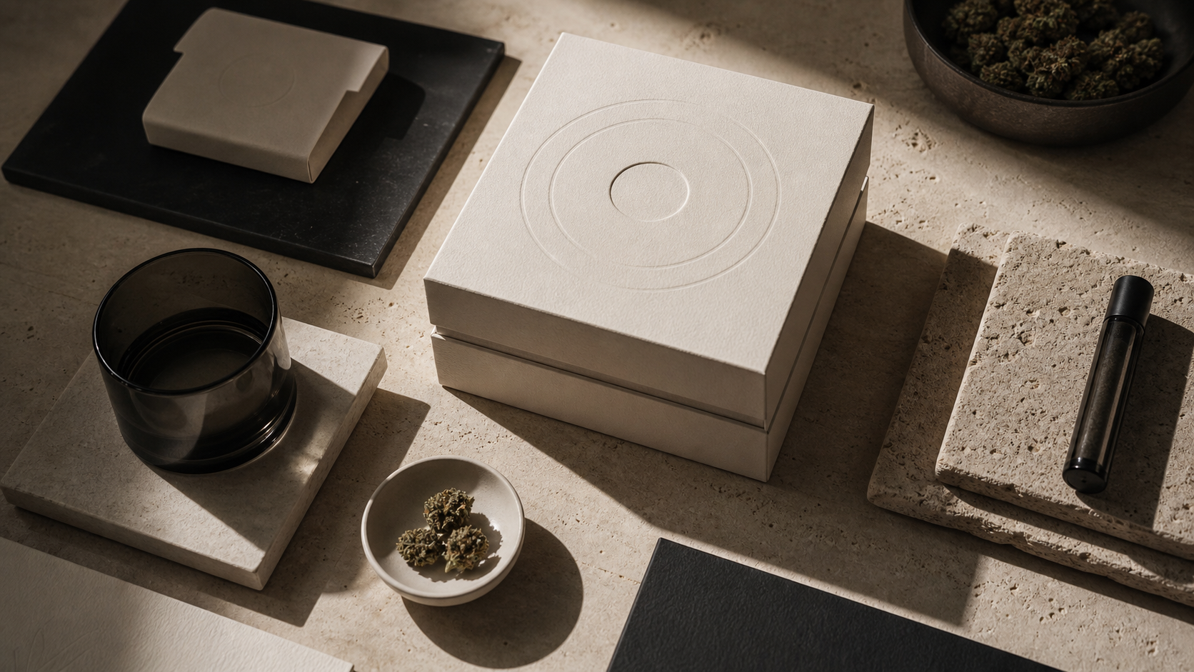 Premium cannabis packaging and flower arranged as a restrained design study