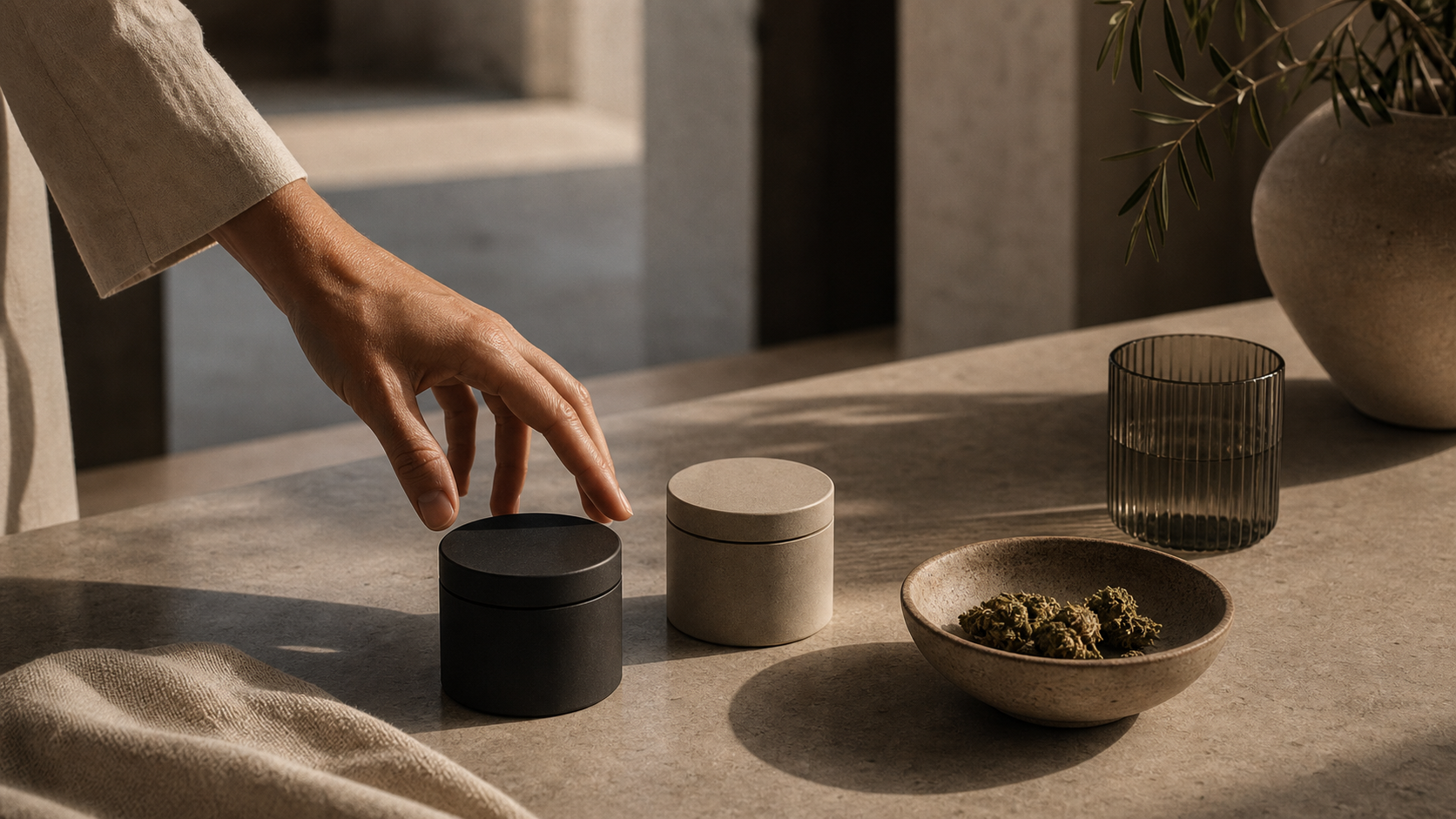 A hand choosing between two refined cannabis containers on a limestone table